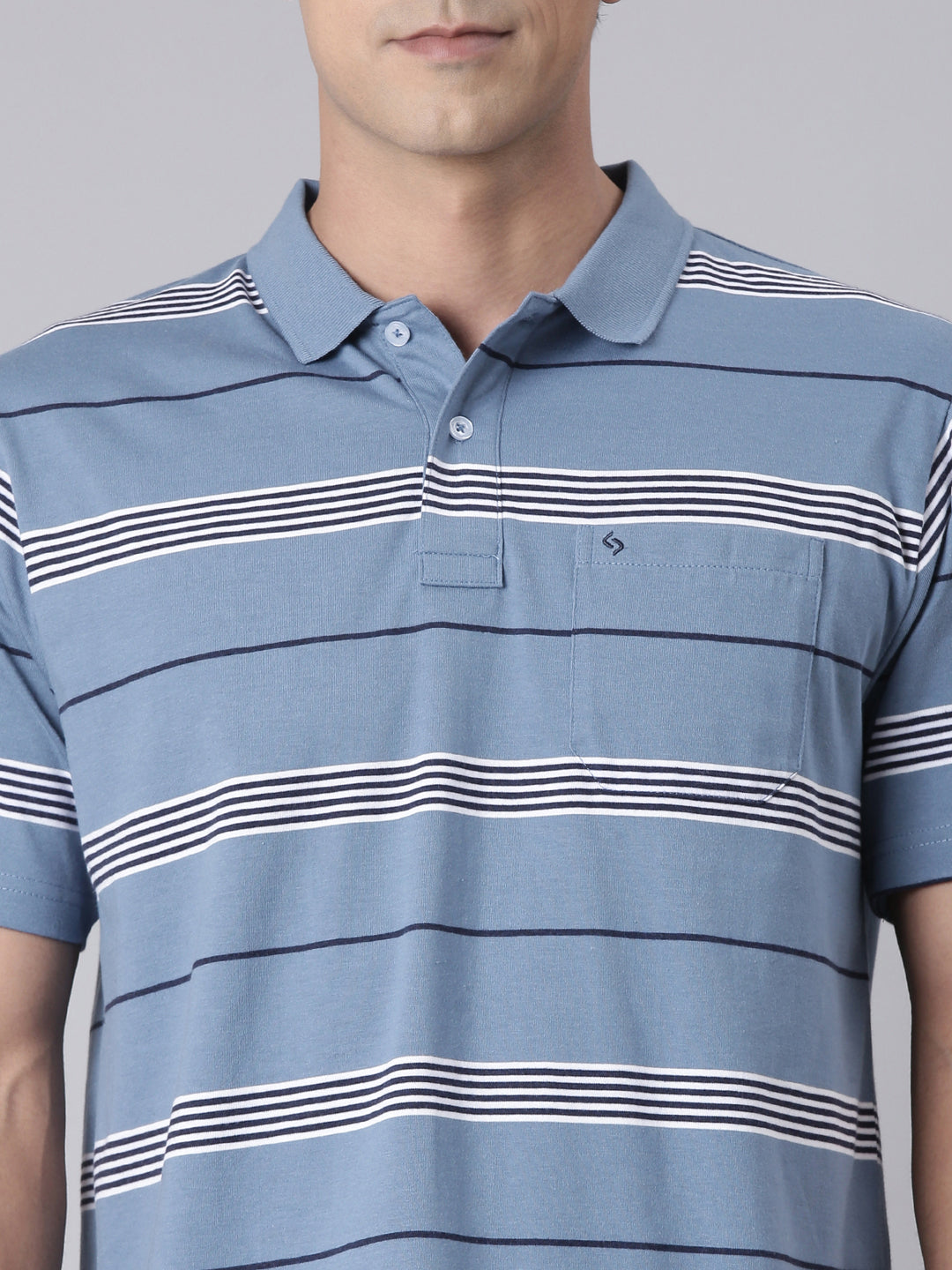 Classic Polo Men's Half Sleeve Blue/White Polo Neck Authentic Fit Striped Cotton Blend T-Shirt | AVON - 629 B AF P