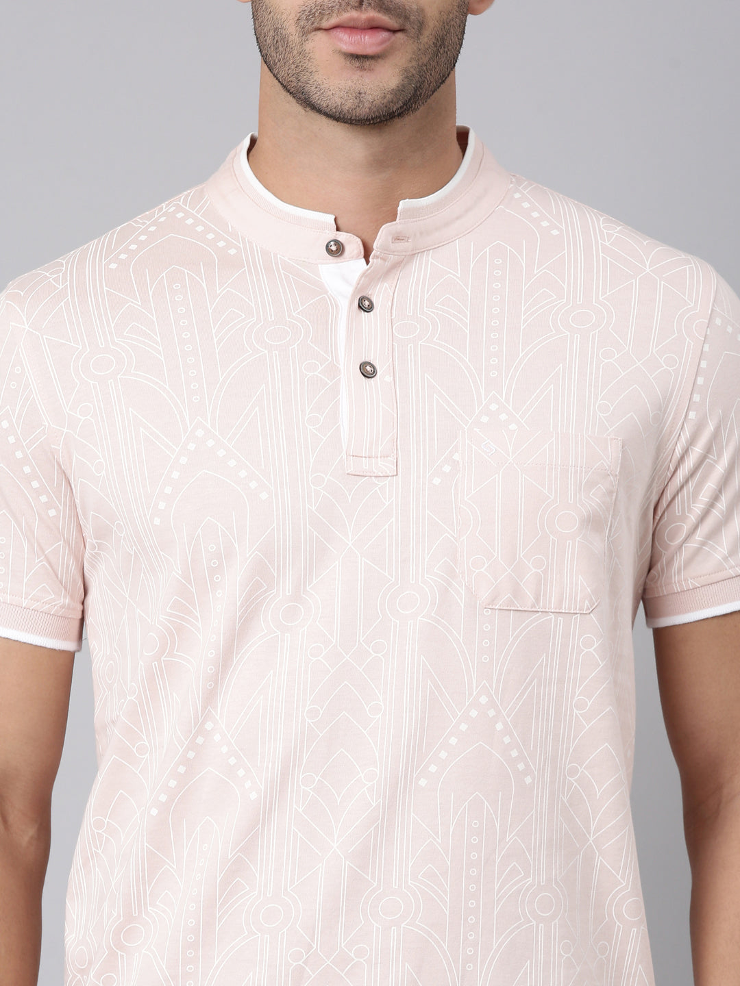 Classic Polo Men's Half Sleeve Light Pink Mandarin Collar Slim Fit All-Over Print Cotton T-Shirt | LTS-AOP - 118 A SF P