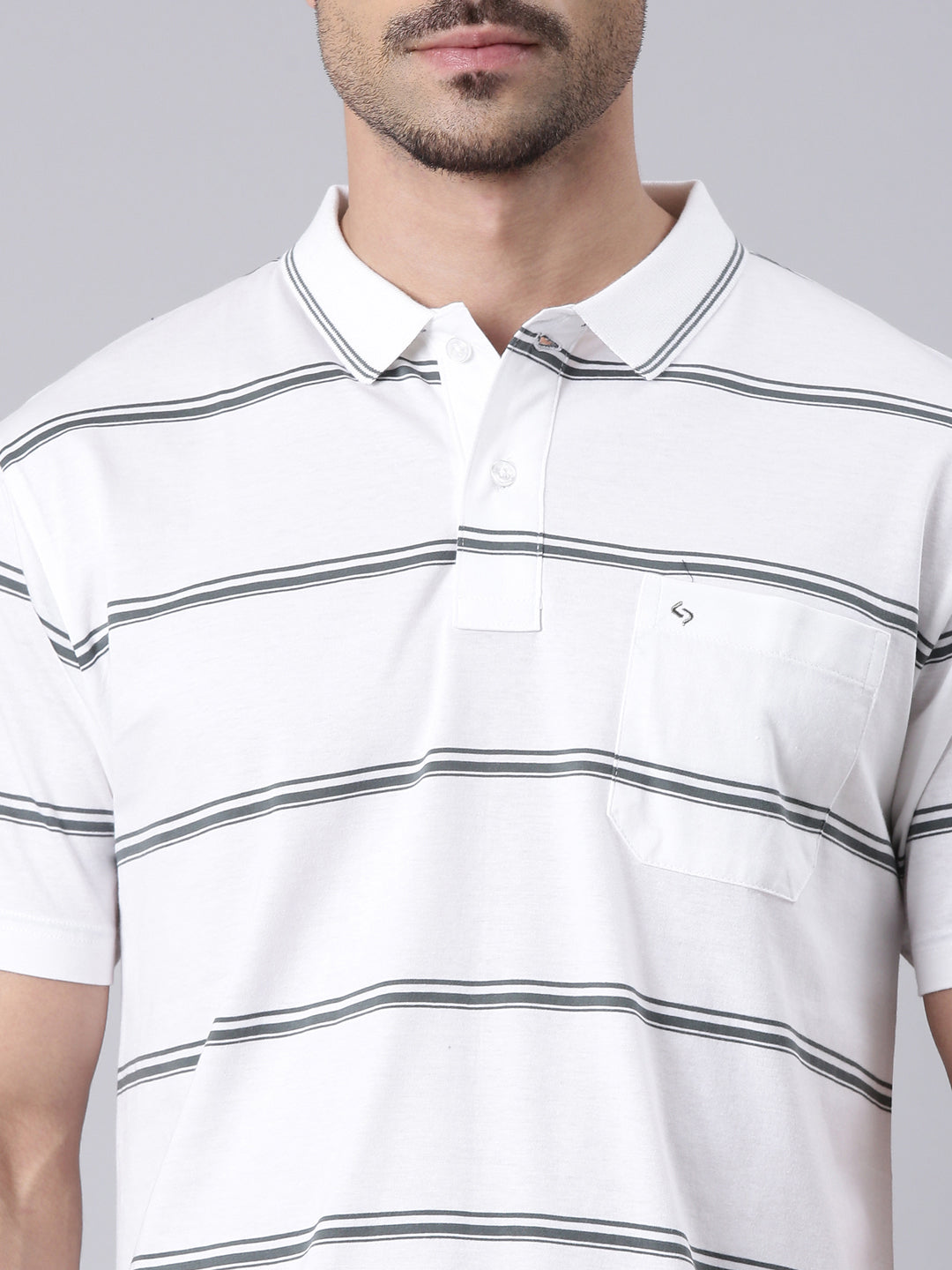 Classic Polo Men's Half Sleeve White/Grey Polo Neck Authentic Fit Striped Cotton T-Shirt | AP - 112 A AF P