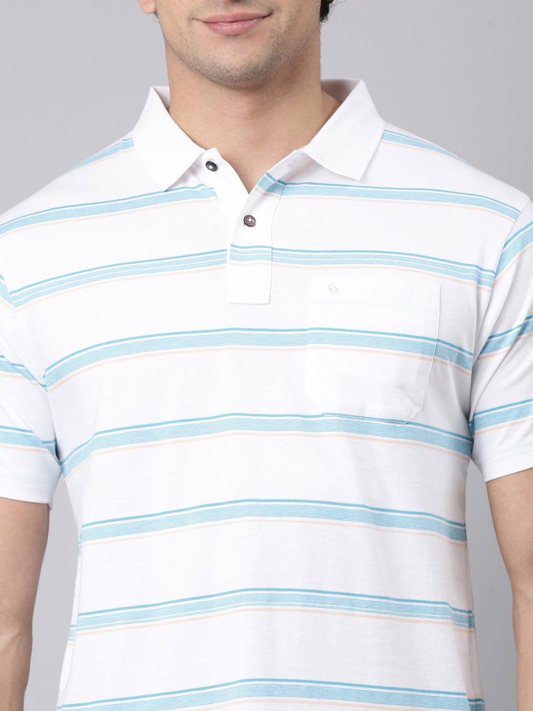 Classic Polo Men's Half Sleeve White/Blue Polo Neck Authentic Fit Striped Cotton Blend T-Shirt | AVON - 647 A AF P