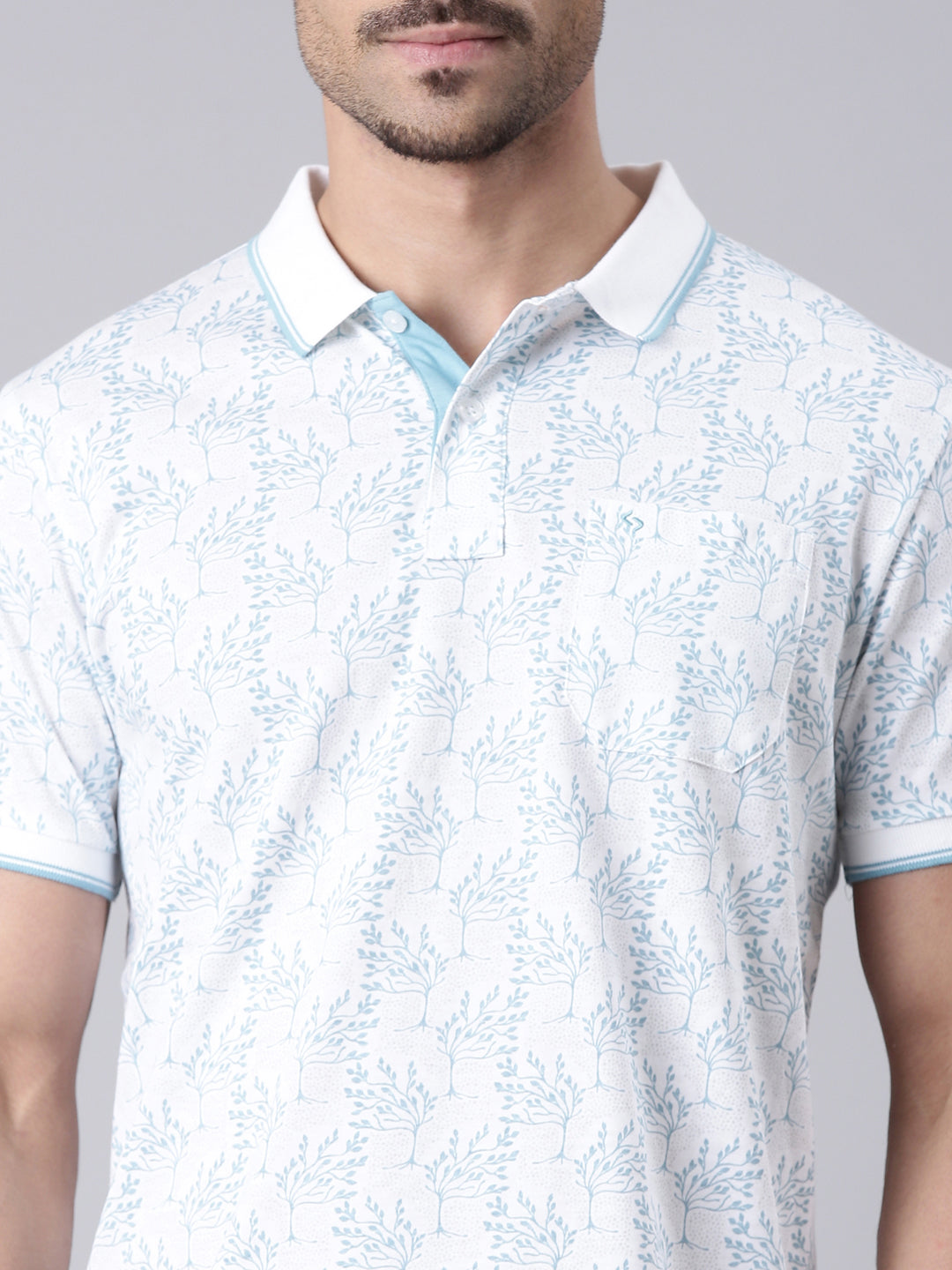 Classic Polo Men's Half Sleeve Lt.Blue/White Polo Neck Slim Fit All Over Print Cotton T-Shirt | LTS-AOP - 102 B SF P