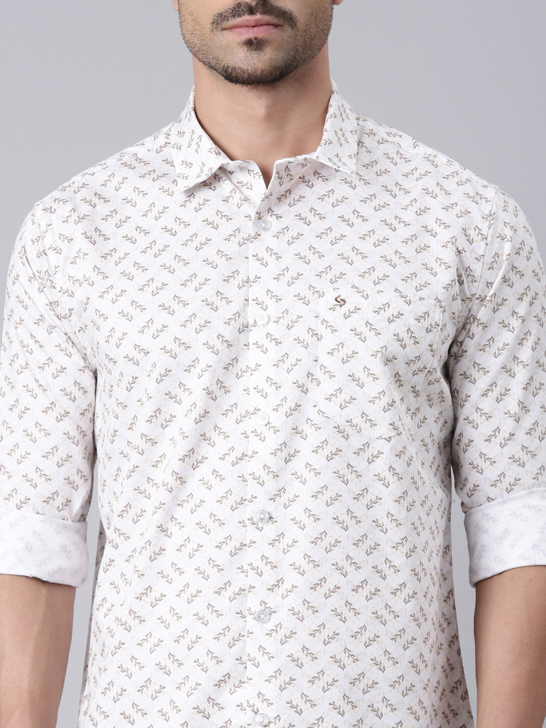 Classic Polo Men's Full Sleeve White Polo Neck Slim Fit All-Over Print Cotton Shirt | LSHQ2-92 A-FS-PRT-SF
