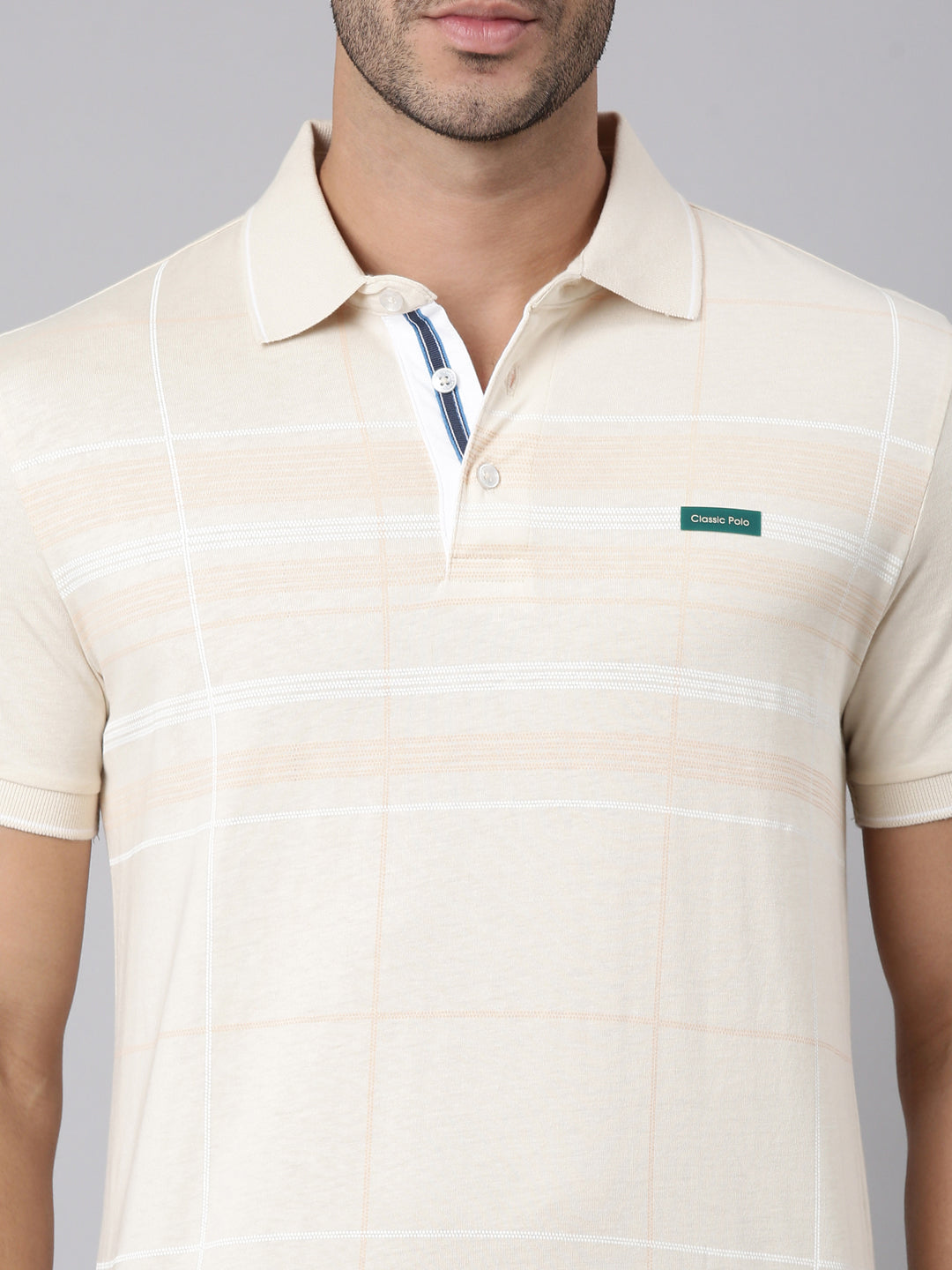 Classic Polo Men's Half Sleeve Cream Polo Neck Slim Fit Striped Cotton T-Shirt | FP - 22 A SF P