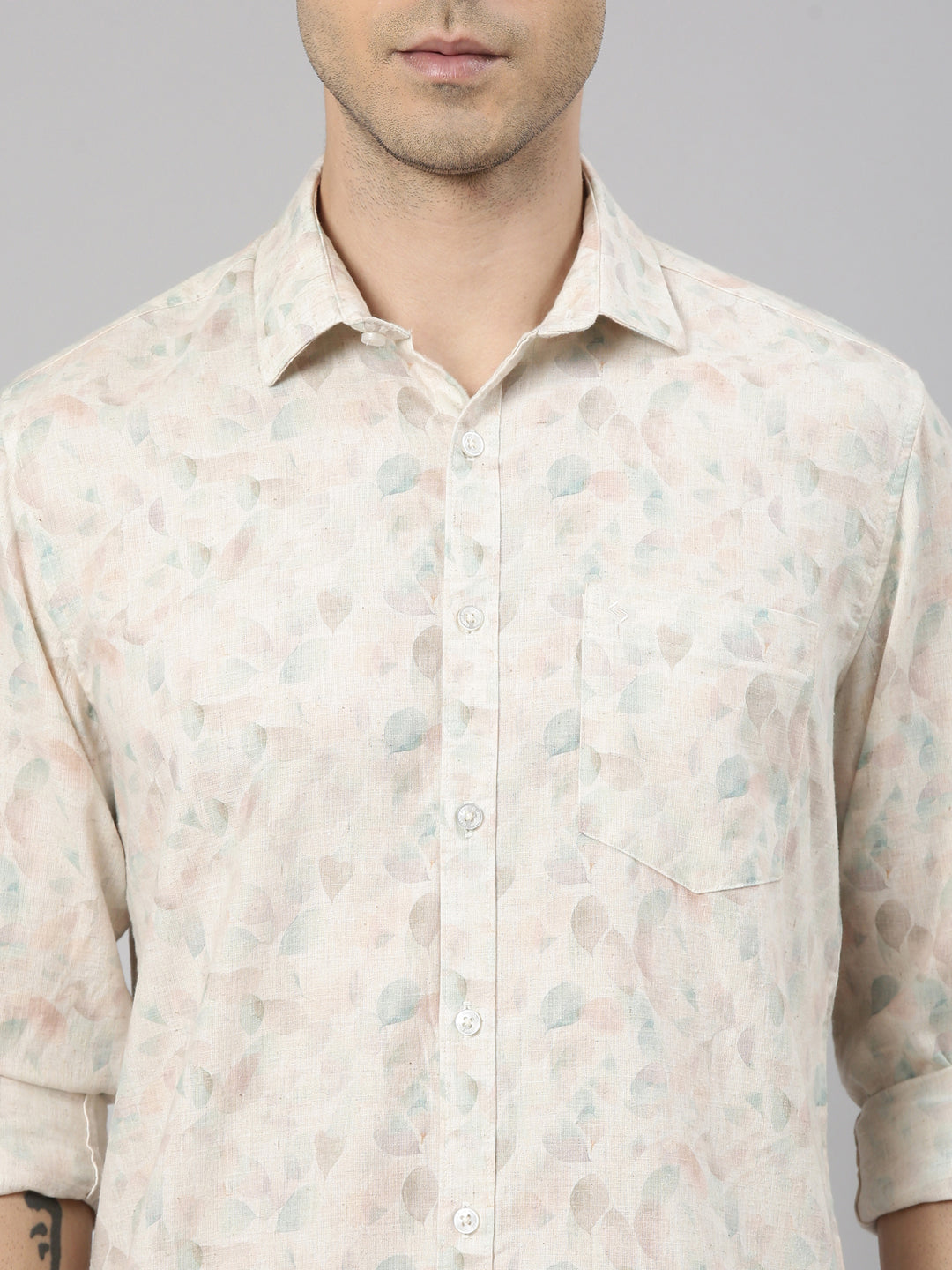 Classic Polo Men's Full Sleeve Beige Polo Neck Slim Fit All-Over Print Cotton Shirt | LSHQ2-94 B-FS-PRT-SF