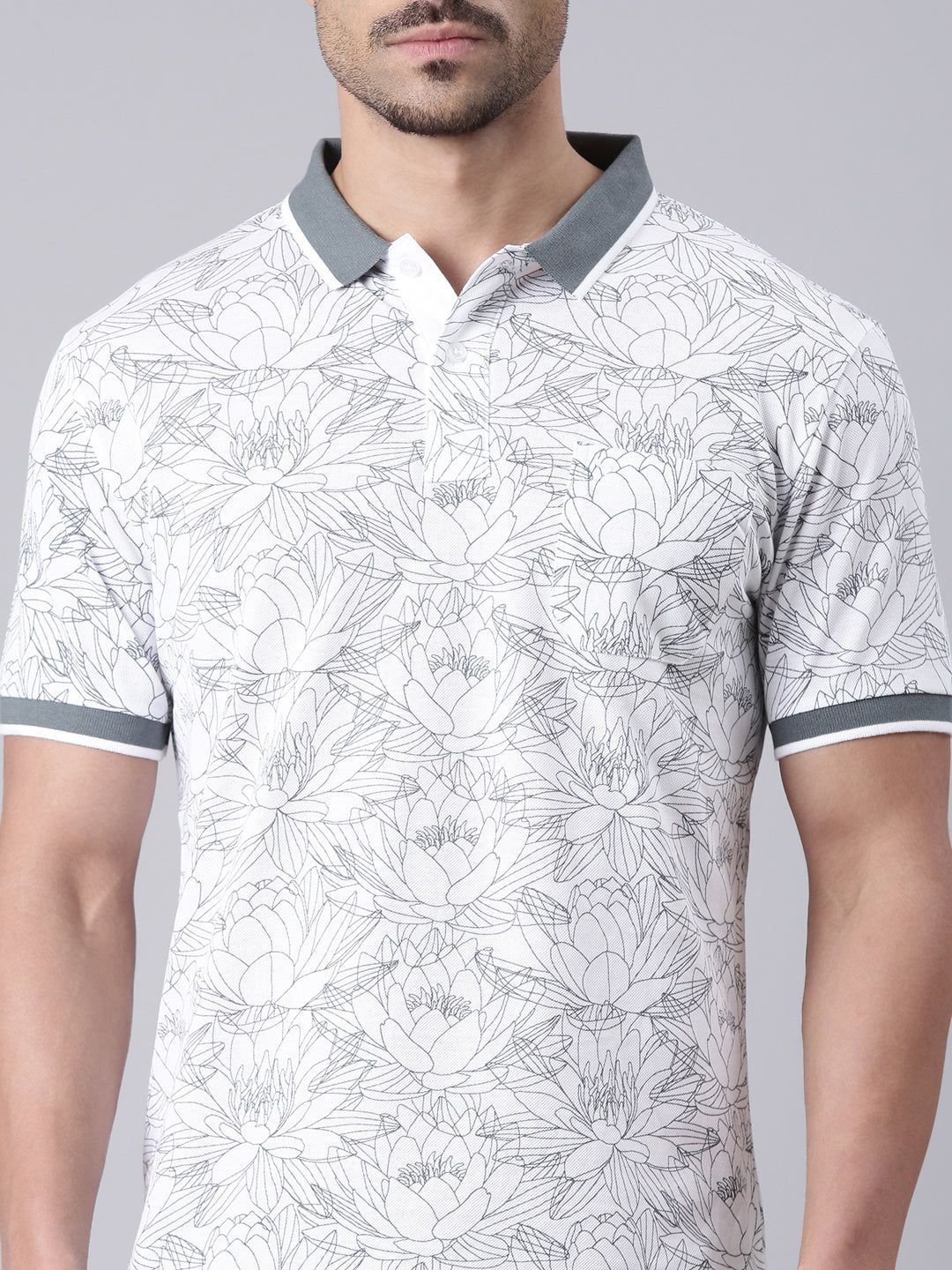 Classic Polo Men's Half Sleeve White/Grey Polo Neck Slim Fit All Over Print Cotton T-Shirt | LTS-AOP - 99 B SF P