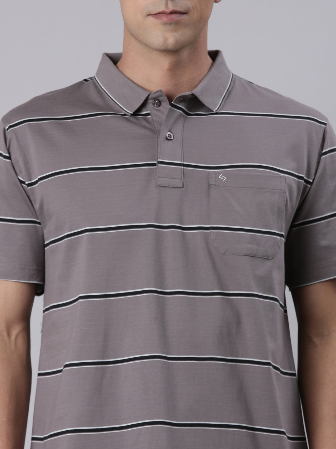 Classic Polo Men's Half Sleeve Steel Grey Polo Neck Authentic Fit Striped Cotton T-Shirt | AP - 145 B AF P