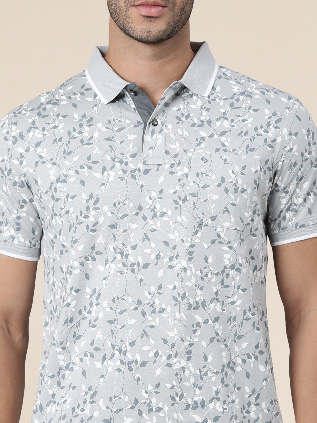 Classic Polo Men's Half Sleeve Grey/White Polo Neck Slim Fit All-Over Print Cotton T-Shirt | LTS-AOP - 123 A SF P