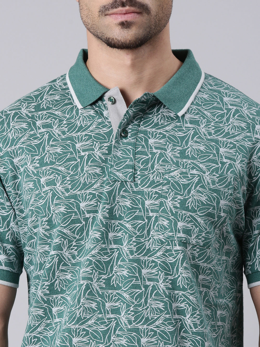 Classic Polo Men's Half Sleeve Green/Grey Polo Neck Slim Fit All-Over Print Cotton T-Shirt | LTS-AOP - 98 B SF P