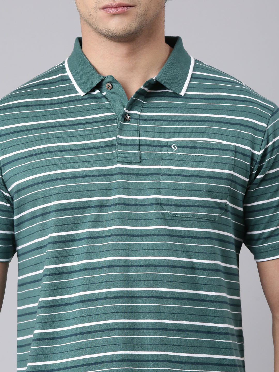 Classic Polo Men's Half Sleeve Green/White Polo Neck Authentic Fit Striped Cotton Blend T-Shirt | FEEDERS - 308 B AF P