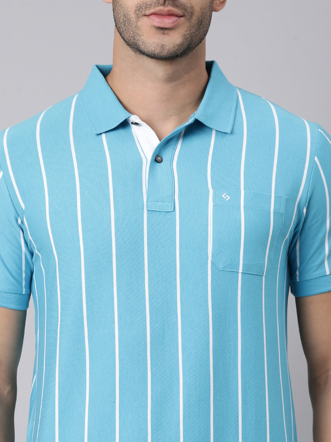 Classic Polo Men's Half Sleeve Turquoise Blue/White Polo Neck Slim Fit Striped Cotton Blend T-Shirt | VERTICS - 123 A SF P