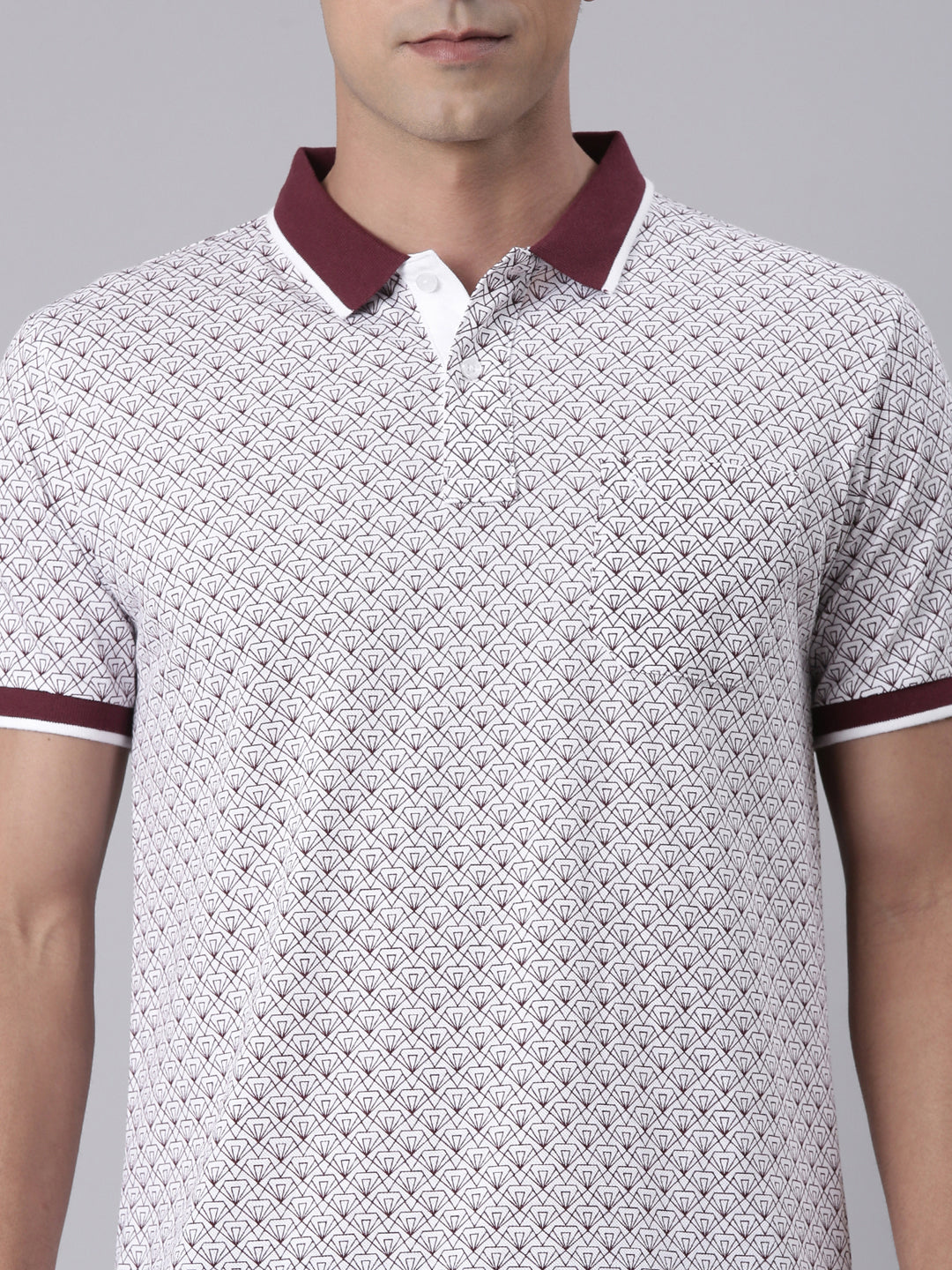 Classic Polo Men's Half Sleeve White/Maroon Polo Neck Slim Fit All Over Print Cotton T-Shirt | BEAU - 291 B SF P