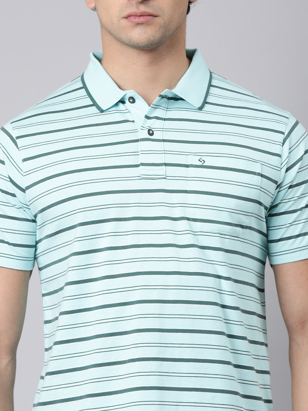 Classic Polo Men's Half Sleeve Light Green Polo Neck Authentic Fit Striped Cotton Blend T-Shirt | FEEDERS - 310 A AF P