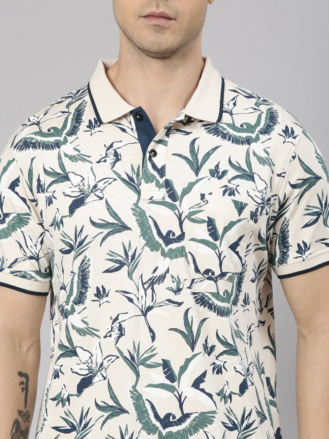 Classic Polo Men's Half Sleeve White/Blue Polo Neck Slim Fit All-Over Print Cotton T-Shirt | BELLO - 360 B SF P