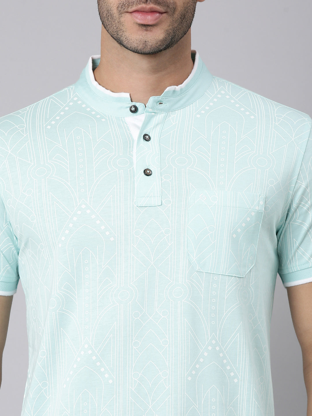 Classic Polo Men's Half Sleeve Light Blue Mandarin Collar Slim Fit All-Over Print Cotton T-Shirt | LTS-AOP - 118 B SF P