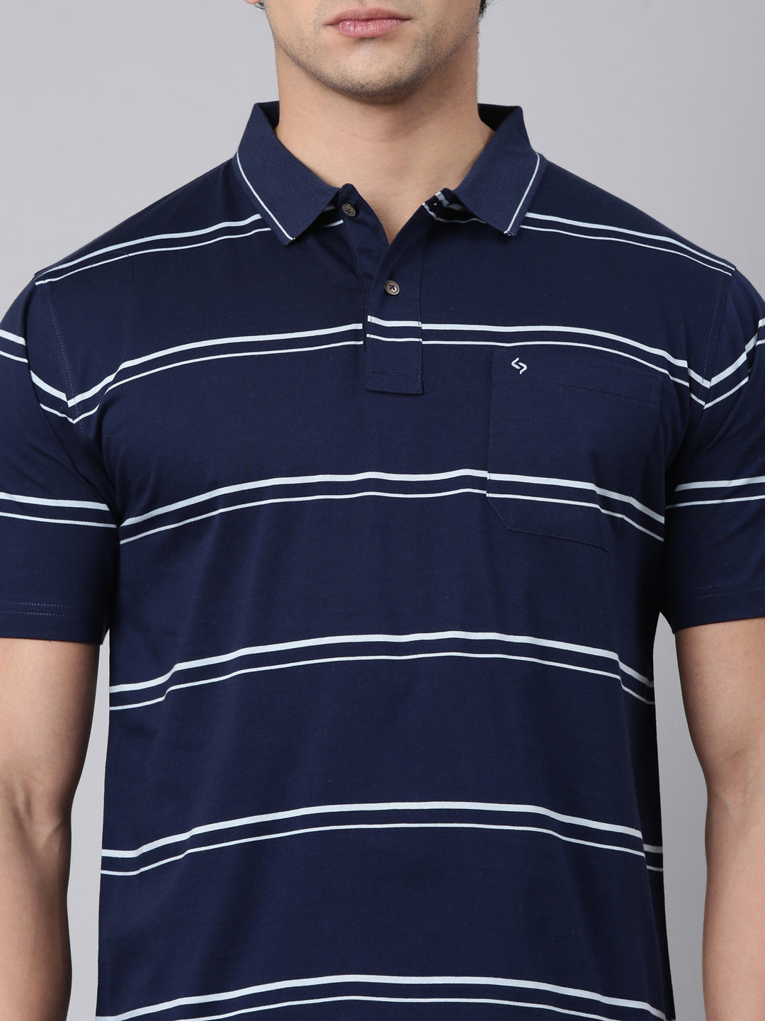 Classic Polo Men's Half Sleeve Navy Blue/White Polo Neck Authentic Fit Striped Cotton T-Shirt | AP - 160 A AF P