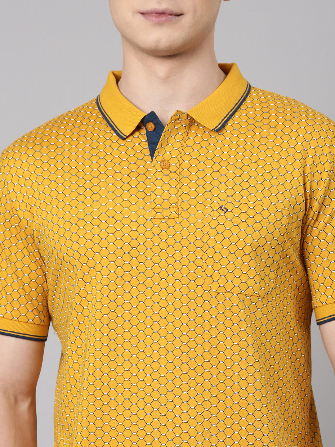Classic Polo Men's Half Sleeve Mustard Polo Neck Slim Fit All Over Print Cotton T-Shirt | BELLO - 346 A SF P