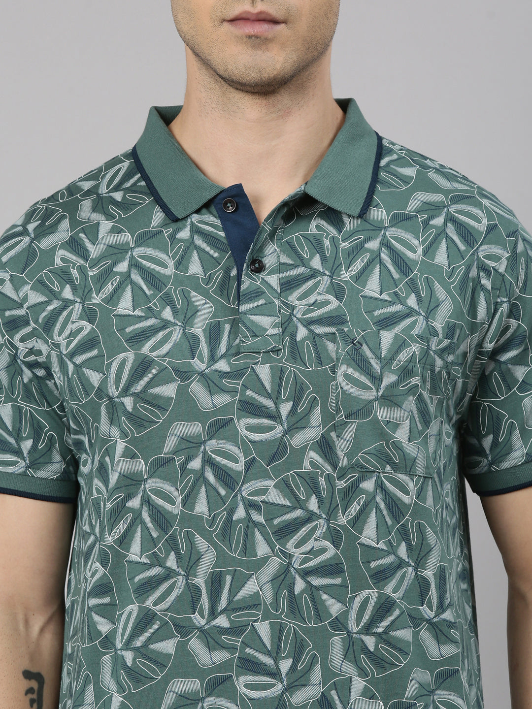 Classic Polo Men's Half Sleeve Dark Green Polo Neck Slim Fit All-Over Print Cotton T-Shirt | BELLO - 363 B SF P