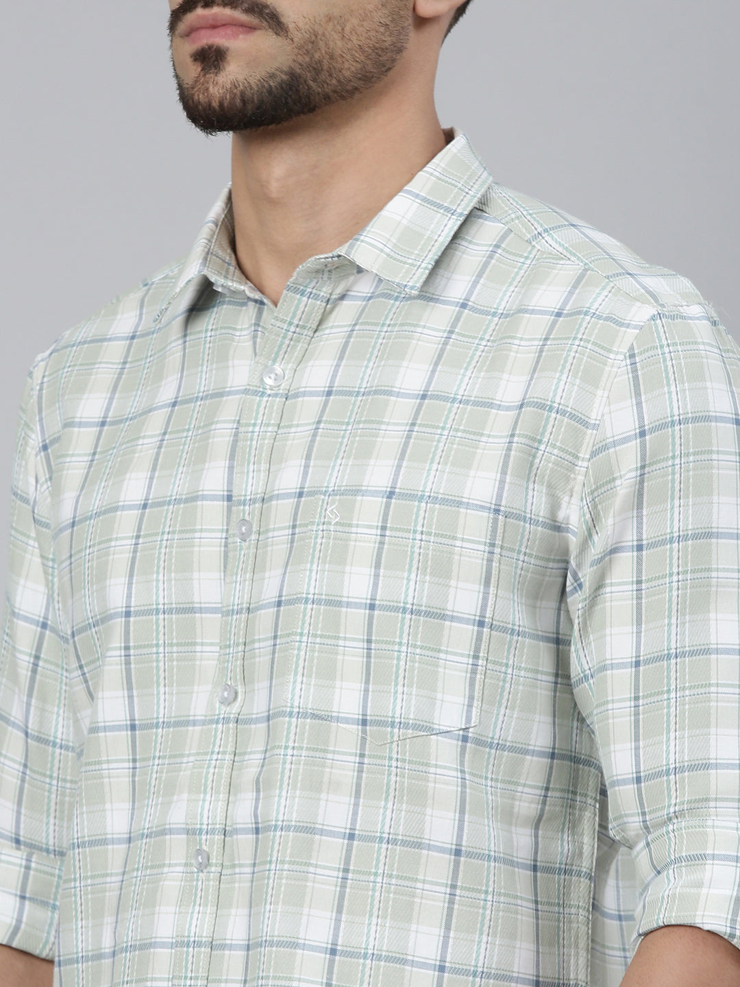Classic Polo Men's Full Sleeve White/Light Green Polo Neck Slim Fit Checked Cotton Casual Shirt | SQ2-CL-102 B-FS-CHK-SF