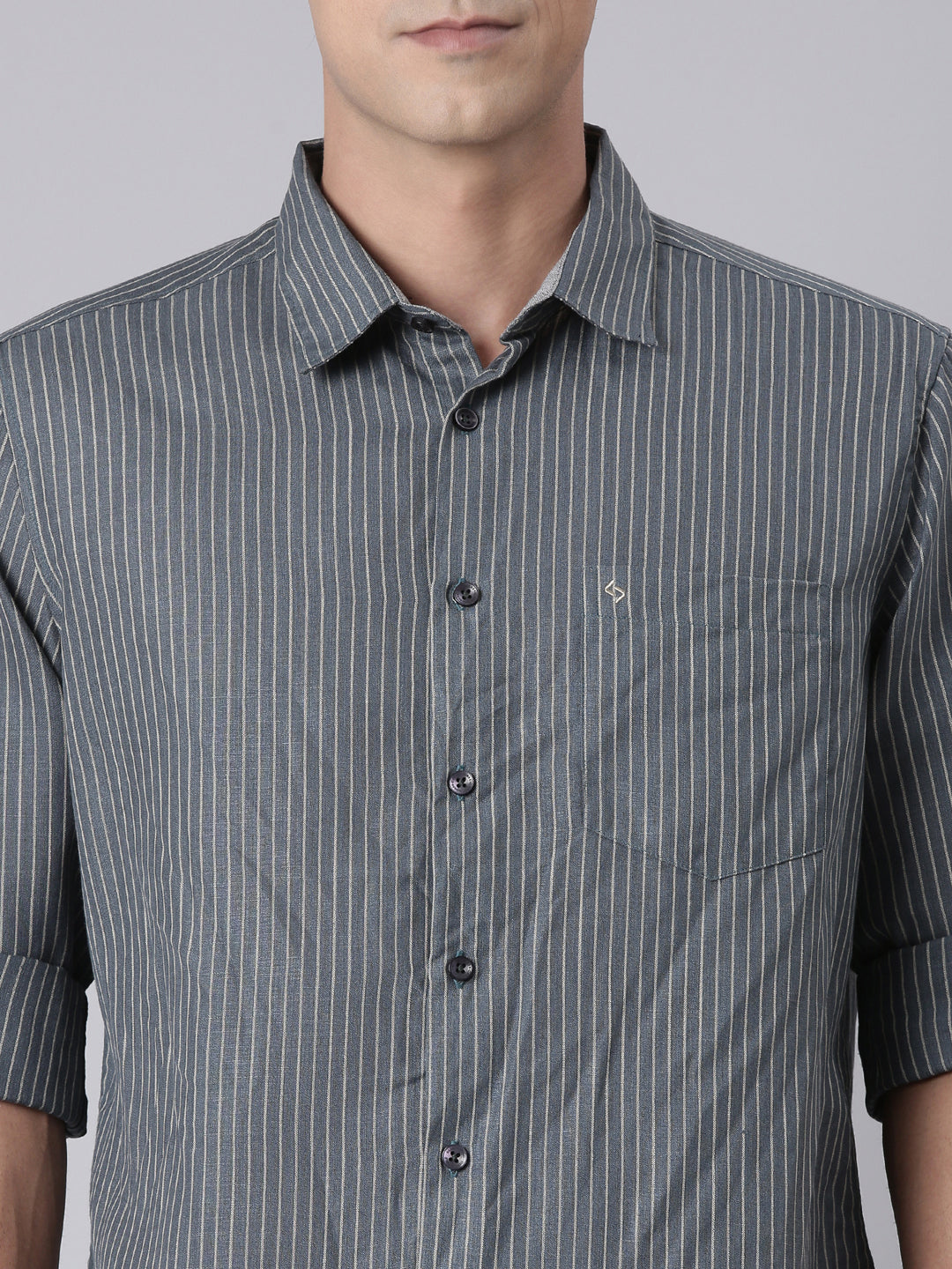 Classic Polo Men's Dark Grey Polo Neck Striped Cotton Slim Fit Woven Shirt | LSHQ2-137 A-FS-STR-SF