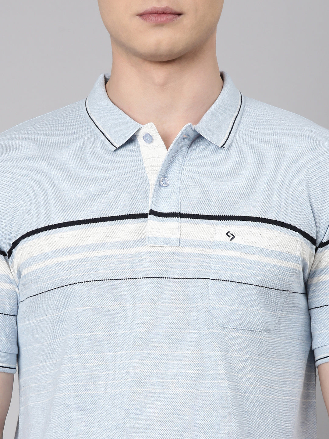 Classic Polo Men's Half Sleeve Blue Polo Neck Slim Fit Striped Cotton Blend T-Shirt | VTA - 311 B SF P