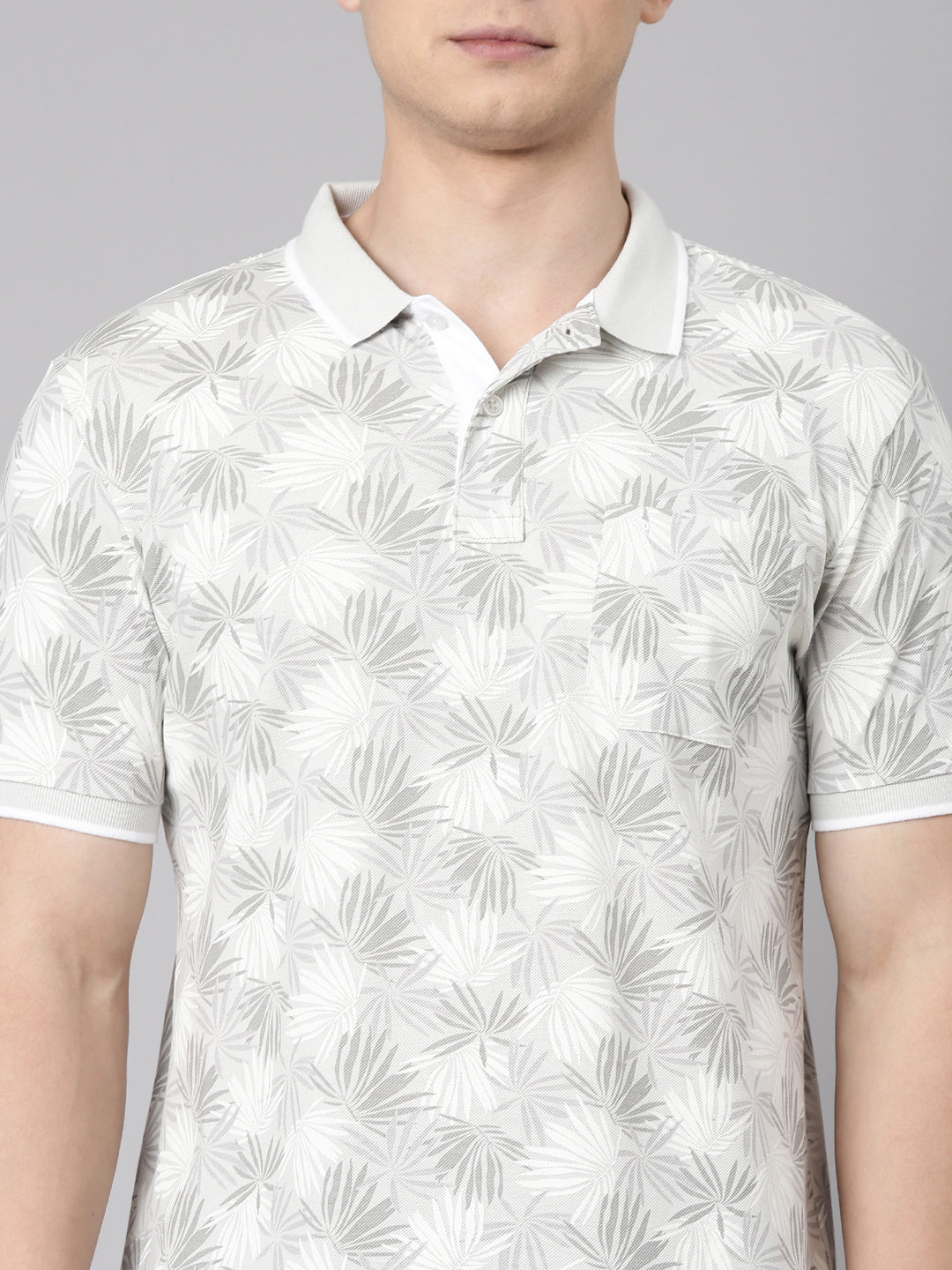 Classic Polo Men's Half Sleeve Grey/White Polo Neck Slim Fit All Over Print Cotton T-Shirt | BEAU - 284 A SF P
