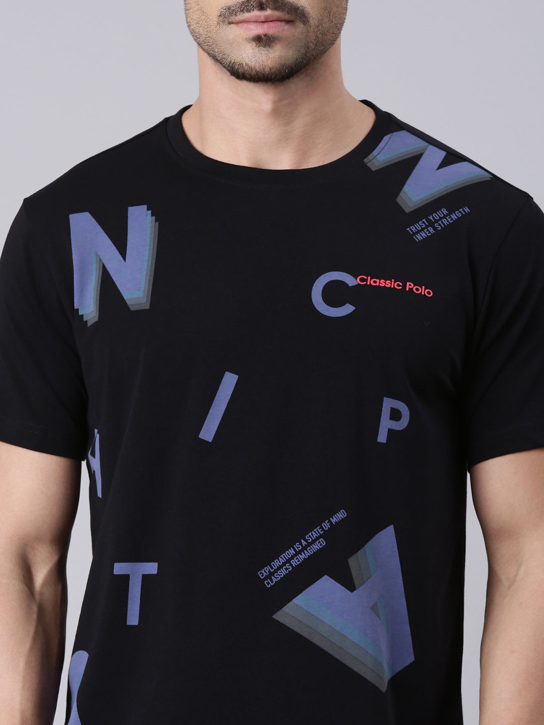 Classic Polo Men's Half Sleeve Black Round Neck Slim Fit Printed Cotton T-Shirt | BALENO - 625 B SF C