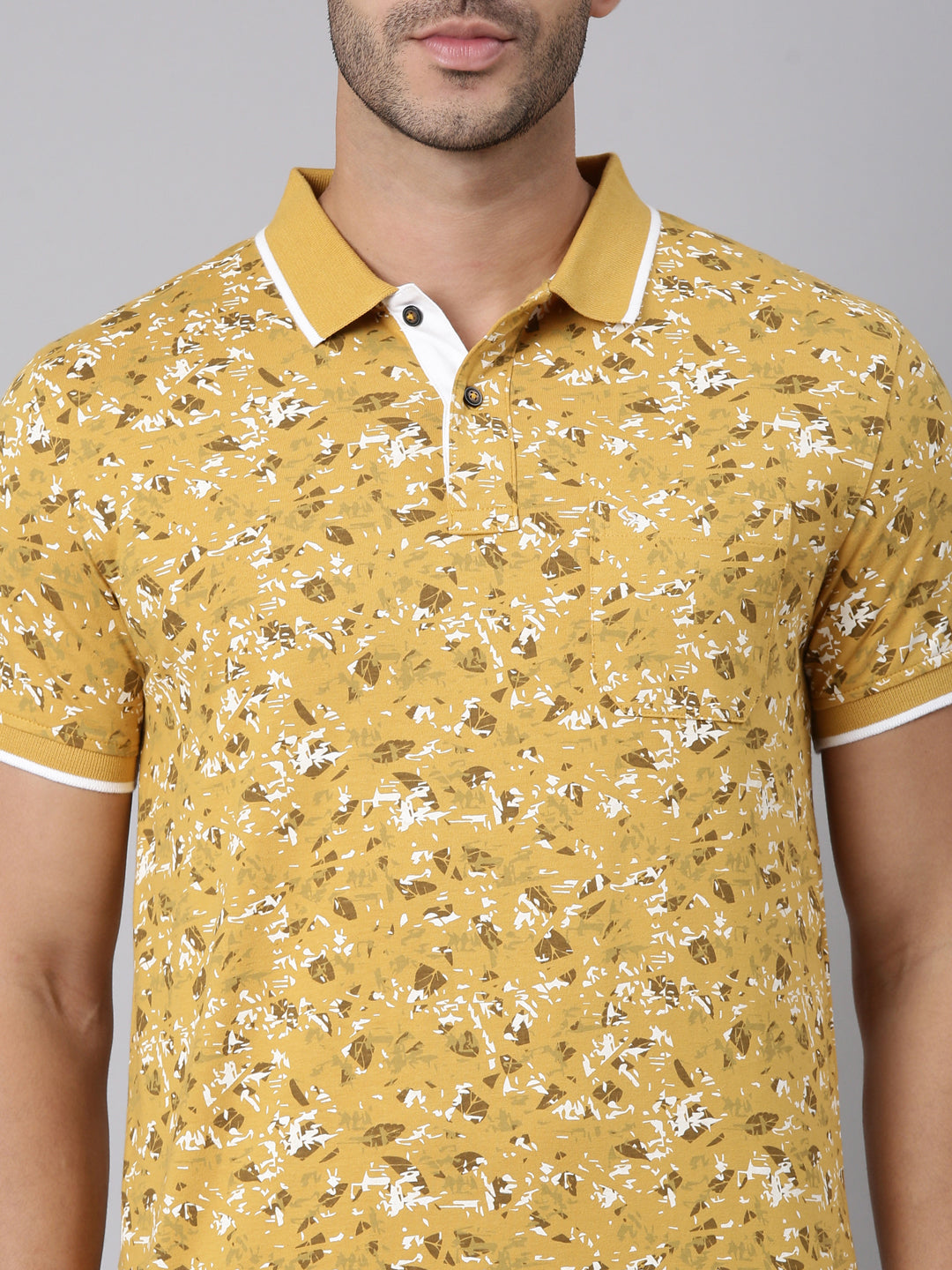Classic Polo Men's Half Sleeve Mustard Yellow Polo Neck Slim Fit All-Over Print Cotton T-Shirt | LTS-AOP - 129 B SF P