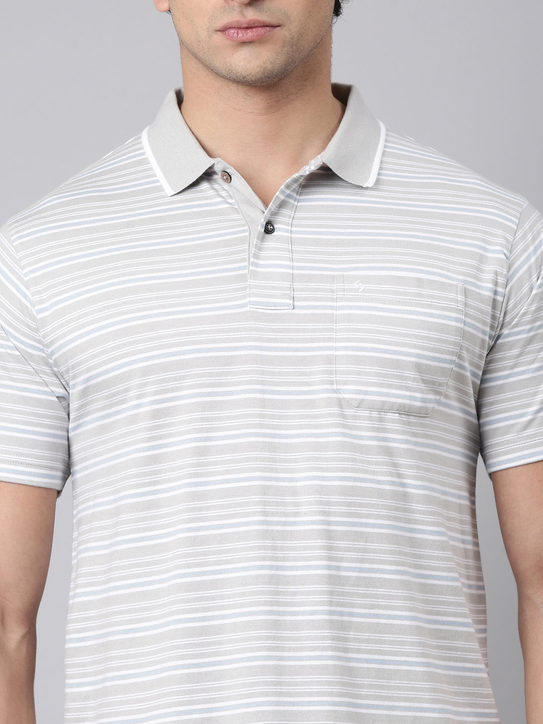 Classic Polo Men's Half Sleeve Grey/White Polo Neck Authentic Fit Striped Cotton Blend T-Shirt | FEEDERS - 303 B AF P