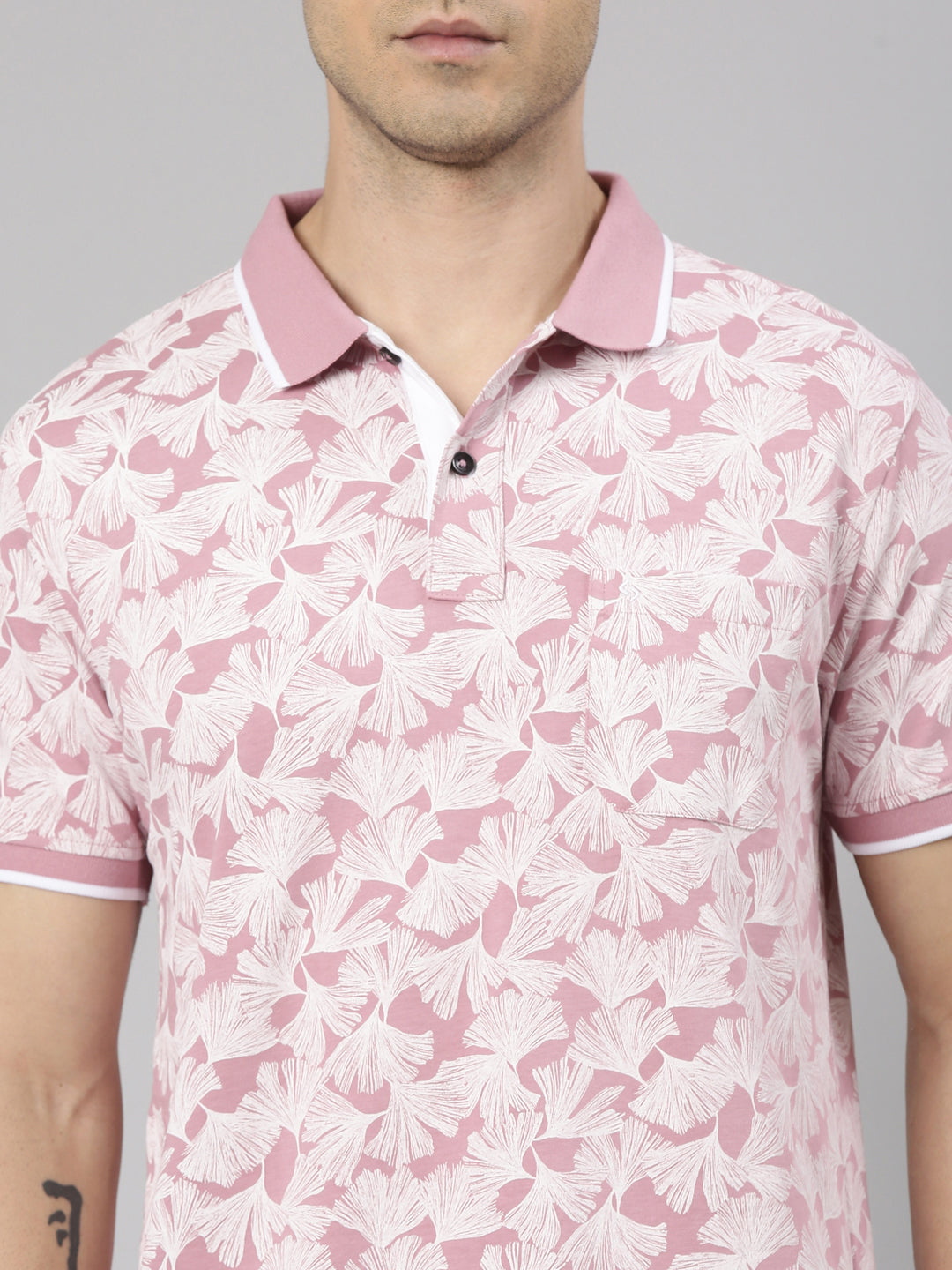 Classic Polo Men's Half Sleeve White/Pink Polo Neck Slim Fit All-Over Print Cotton T-Shirt | BELLO - 347 A SF P