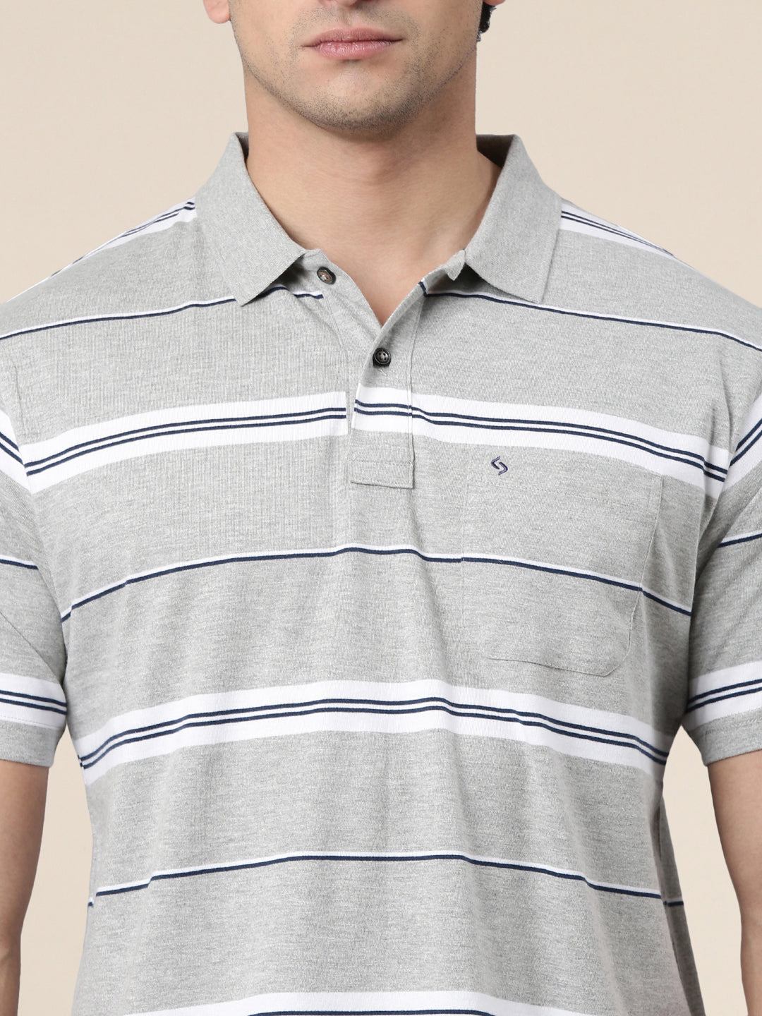 Classic Polo Men's Half Sleeve Grey Polo Neck Authentic Fit Striped Cotton Blend T-Shirt | AVON - 659 A AF P