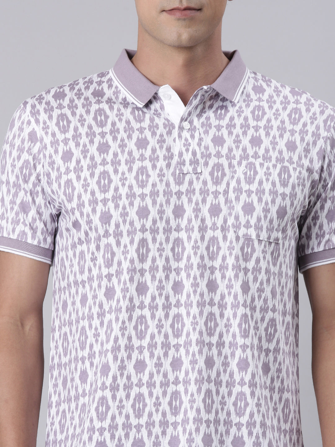 Classic Polo Men's Half Sleeve Lavender/White Polo Neck Slim Fit All Over Print Cotton T-Shirt | LTS-AOP - 101 B SF P
