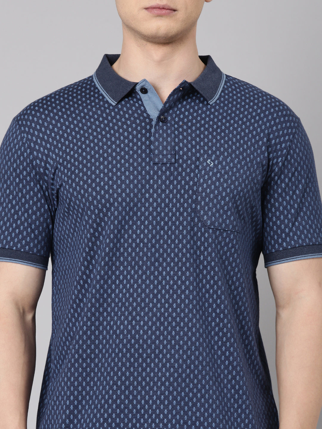 Classic Polo Men's Half Sleeve Navy Blue Polo Neck Slim Fit All Over Print Cotton T-Shirt | BELLO - 344 B SF P