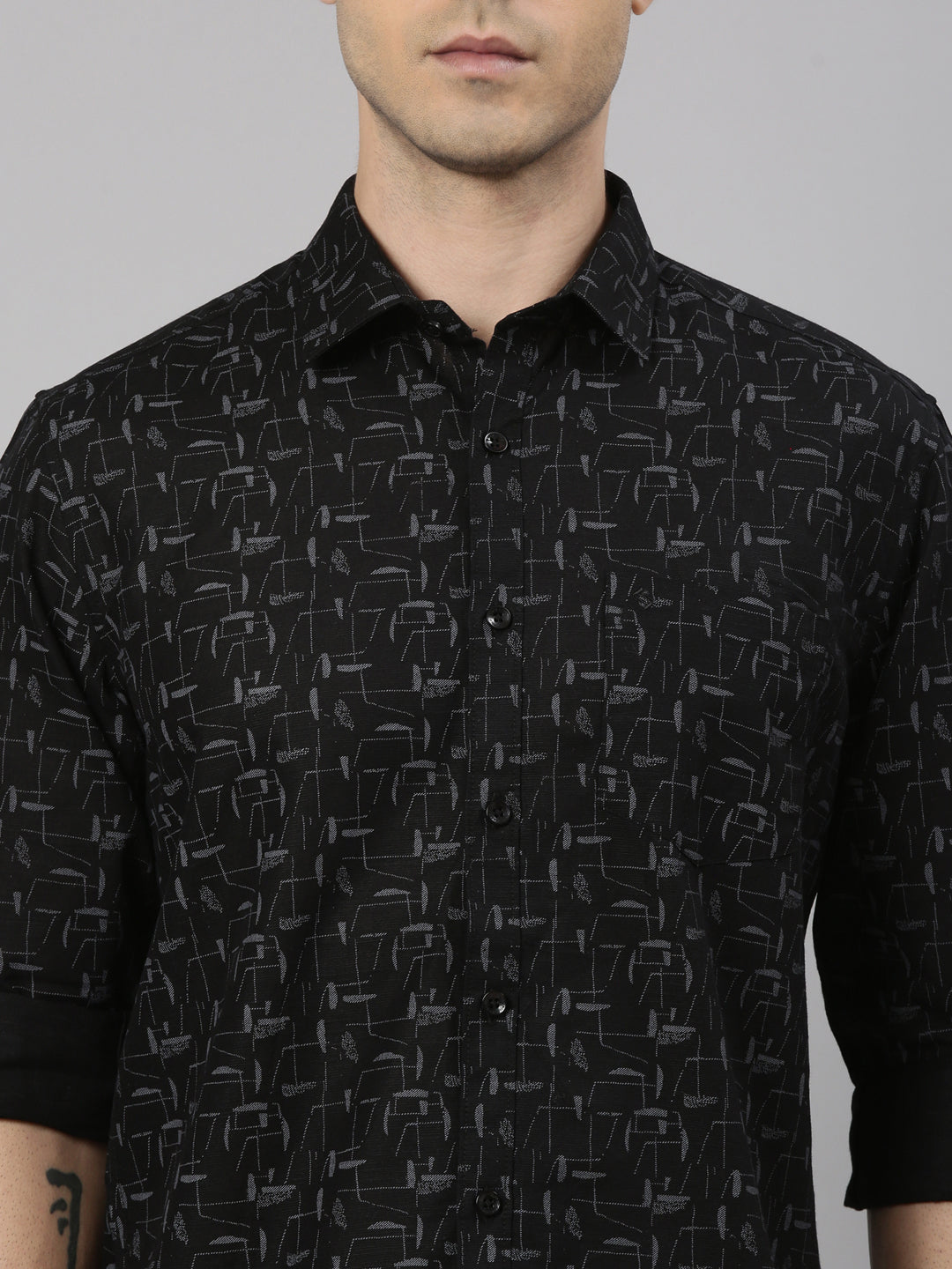 Classic Polo Men's Full Sleeve Black Polo Neck Slim Fit All-Over Print Cotton Shirt | LSHQ2-90 B-FS-PRT-SF