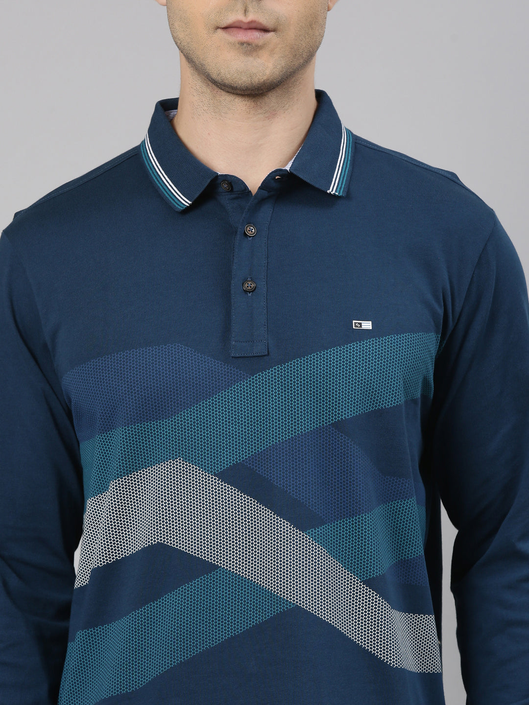 Classic Polo Men's Full Sleeve Navy Blue Polo Neck Slim Fit Printed Cotton T-Shirt | VERNO - 369 A SF P