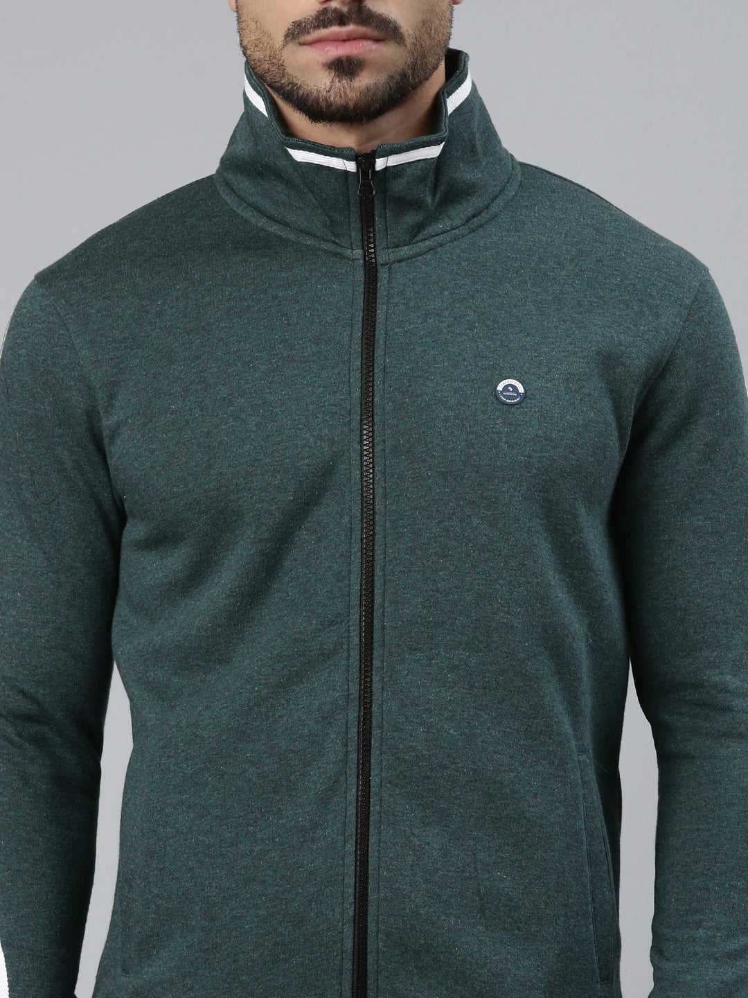 Classic Polo Men's Dark Green High Neck Front Open Zipper Solid Side Pocket Sweatshirt | LSWT - 02 A