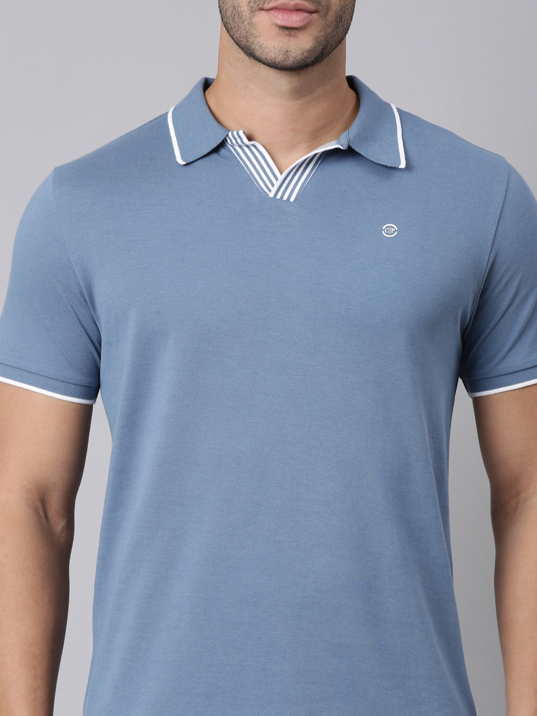 Classic Polo Men's Half Sleeve Steel Blue Polo Neck Slim Fit Solid Cotton Blend T-Shirt | RAVE POLO - 01 A SF P