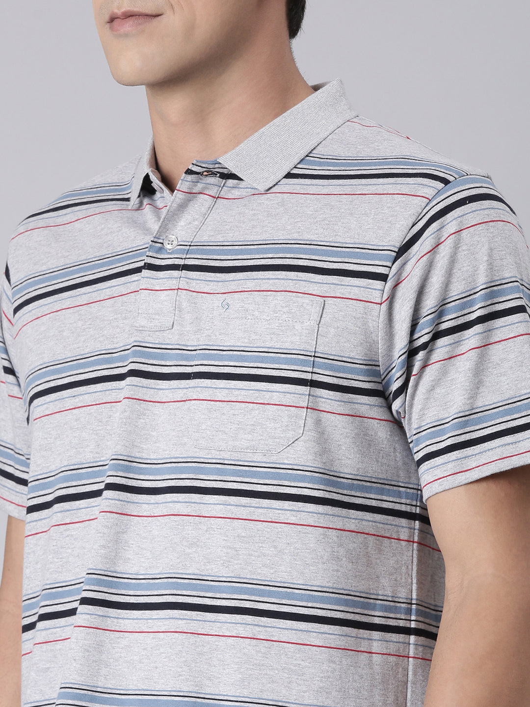 Classic Polo Men's Half Sleeve Grey Polo Neck Authentic Fit Striped Cotton Blend T-Shirt | AVON - 626 A AF P