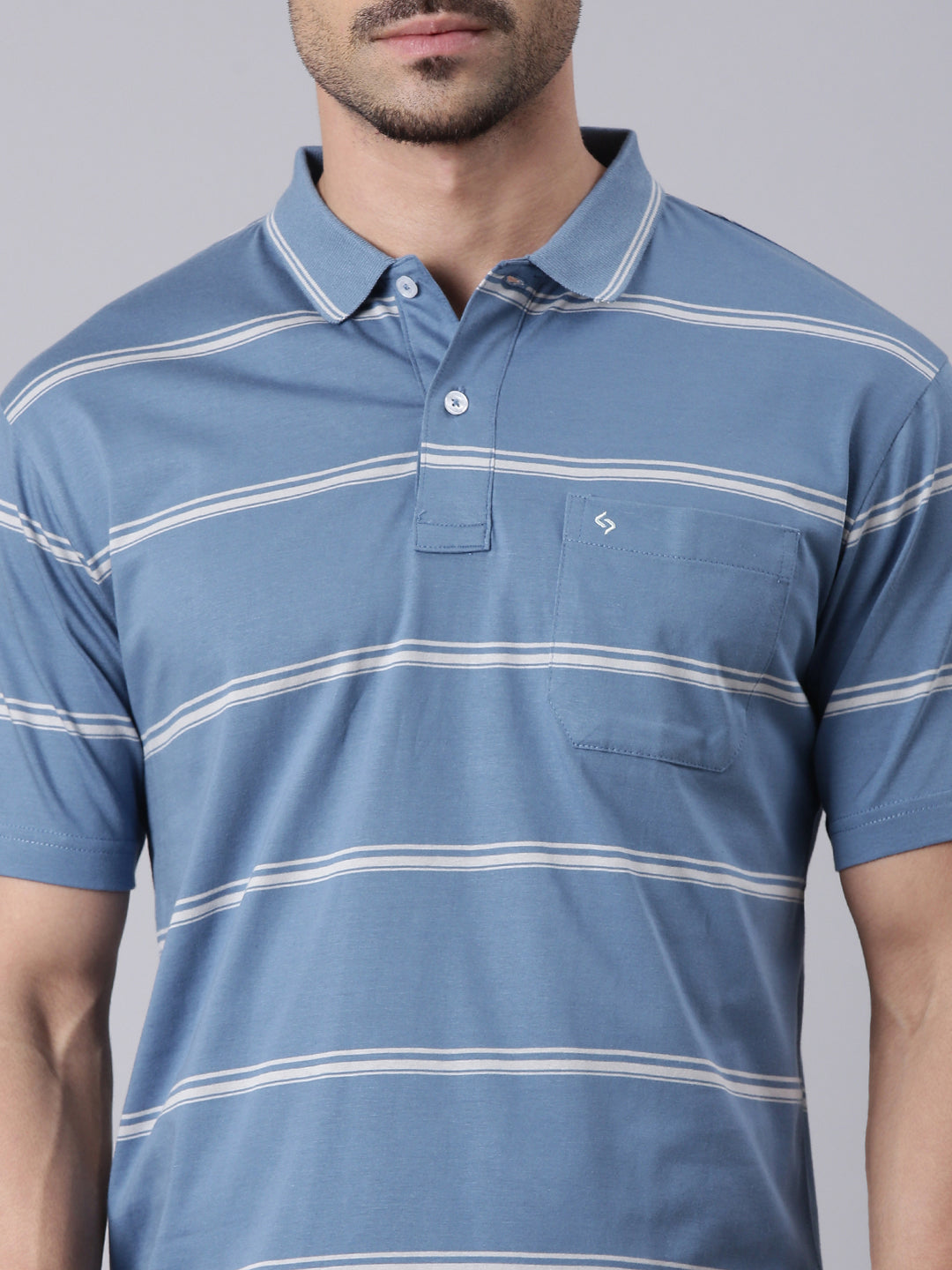 Classic Polo Men's Half Sleeve Blue/White Polo Neck Authentic Fit Striped Cotton T-Shirt | AP - 111 A AF P