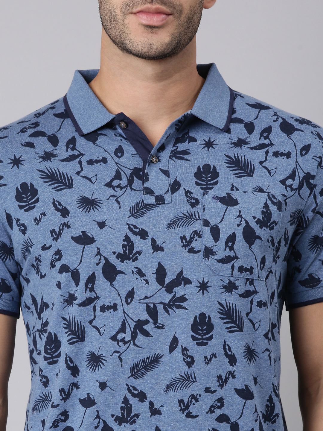 Classic Polo Men's Half Sleeve Blue Polo Neck Slim Fit All-Over Print Cotton T-Shirt | BELLO - 403 B SF P