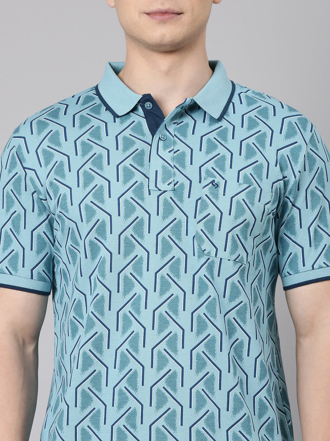 Classic Polo Men's Half Sleeve Turquoise Blue Polo Neck Slim Fit All Over Print Cotton T-Shirt | BEAU - 285 A SF P