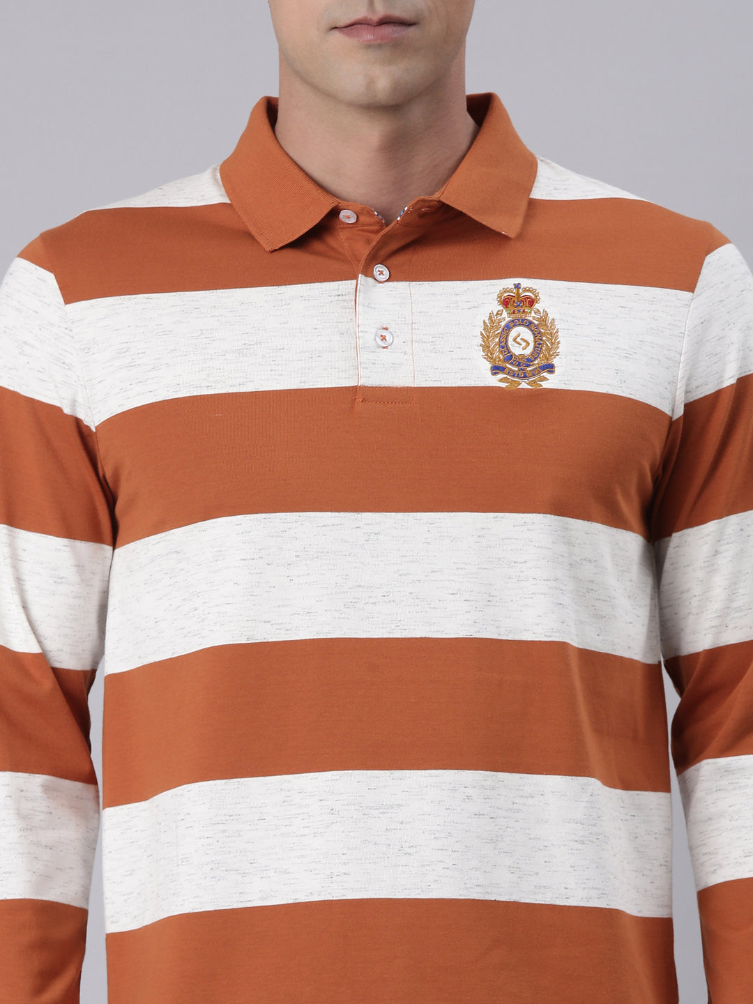 Classic Polo Men's Full Sleeve Rust/Off-White Polo Neck Slim Fit Colorblock Cotton T-Shirt | VERNO - 364 B SF P