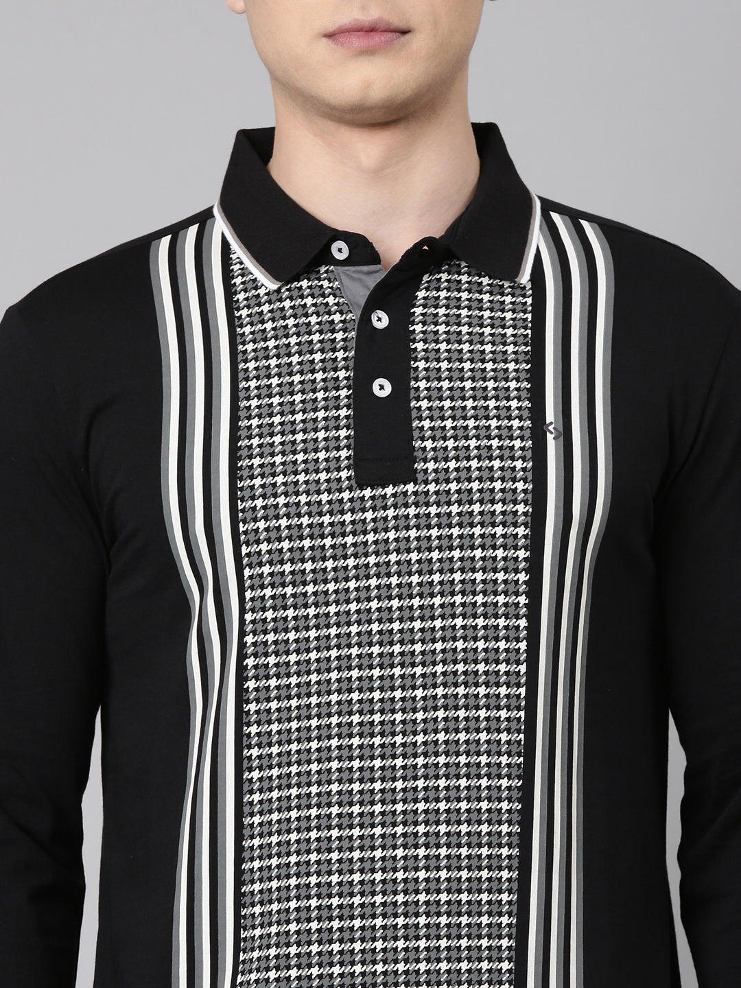 Classic Polo Men's Full Sleeve Black/White Polo Neck Slim Fit All-Over Print Cotton T-Shirt | VERNO - 370 B SF P