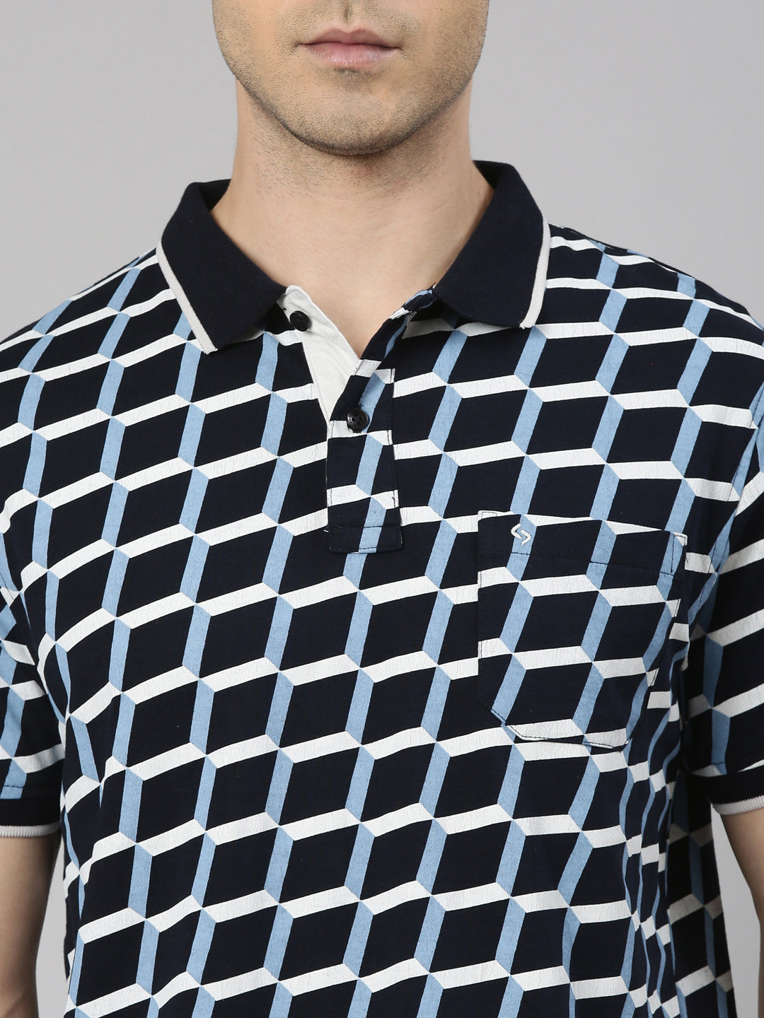 Classic Polo Men's Half Sleeve Navy Blue/White Polo Neck Slim Fit All-Over Print Cotton T-Shirt | BELLO - 372 B SF P