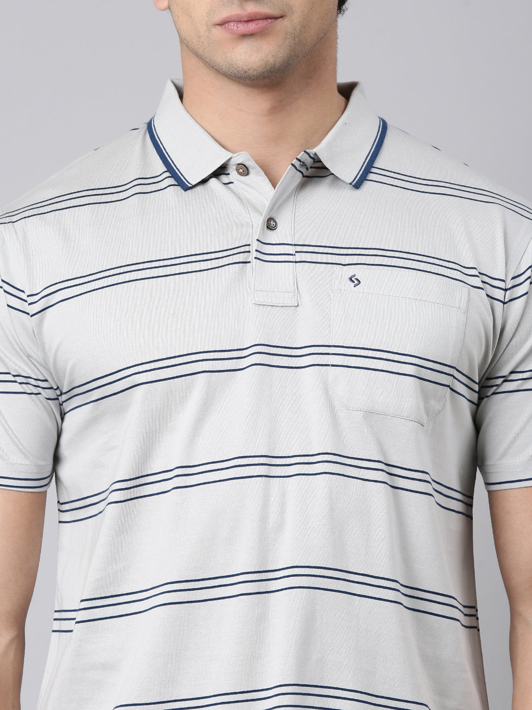 Classic Polo Men's Half Sleeve Grey Polo Neck Authentic Fit Striped Cotton T-Shirt | AP - 157 B AF P