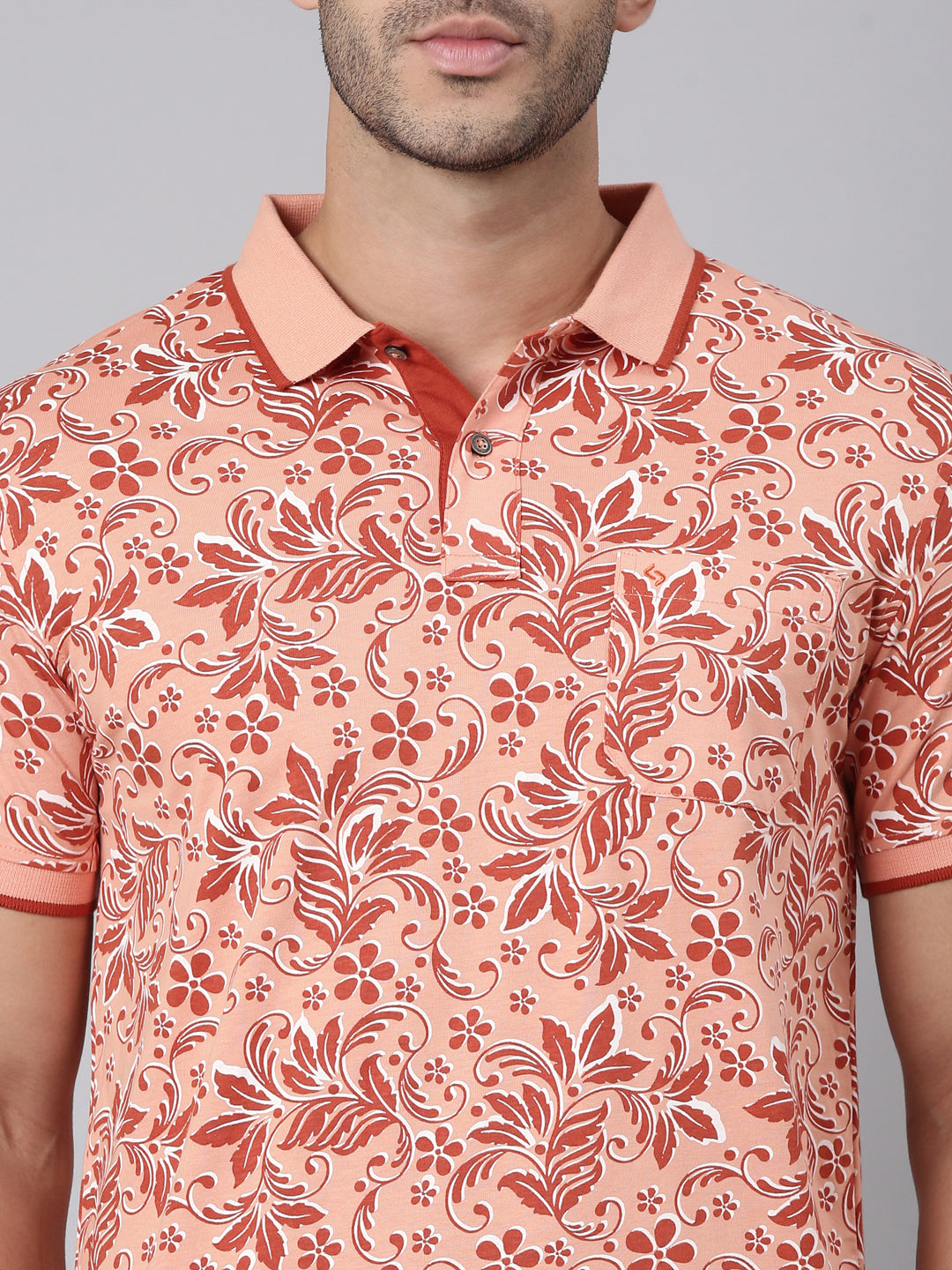 Classic Polo Men's Half Sleeve Dark Peach Polo Neck Slim Fit All-Over Print Cotton T-Shirt | BELLO - 402 B SF P