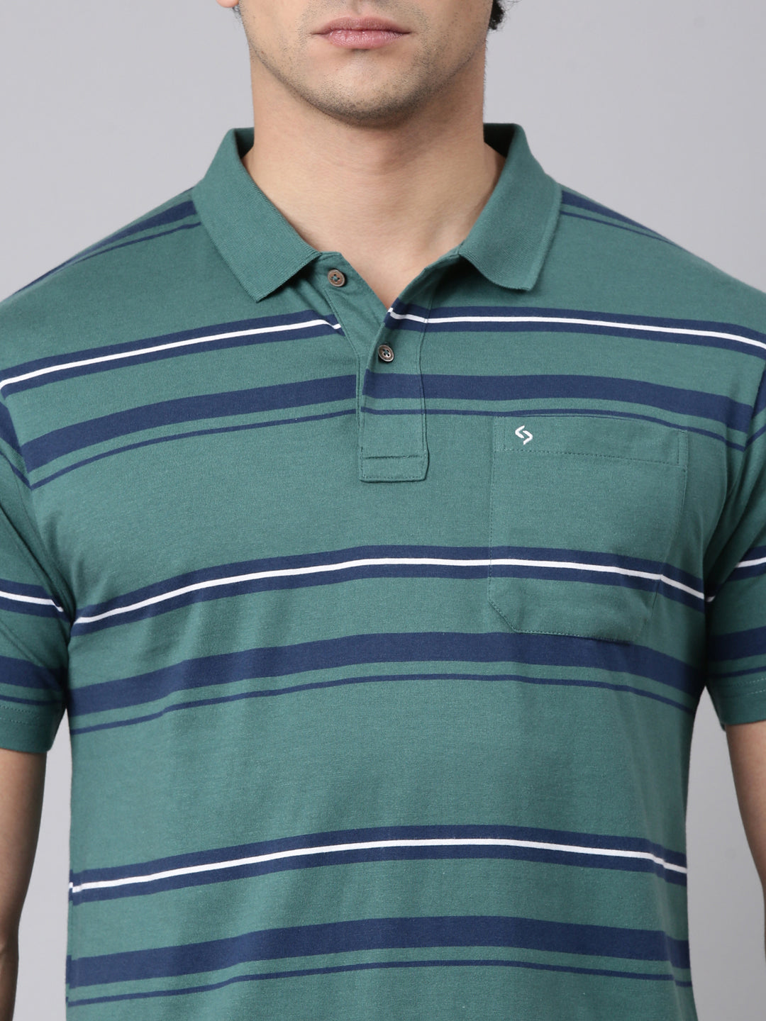 Classic Polo Men's Half Sleeve Green/Navy Blue Polo Neck Authentic Fit Striped Cotton Blend T-Shirt | AVON - 648 A AF P