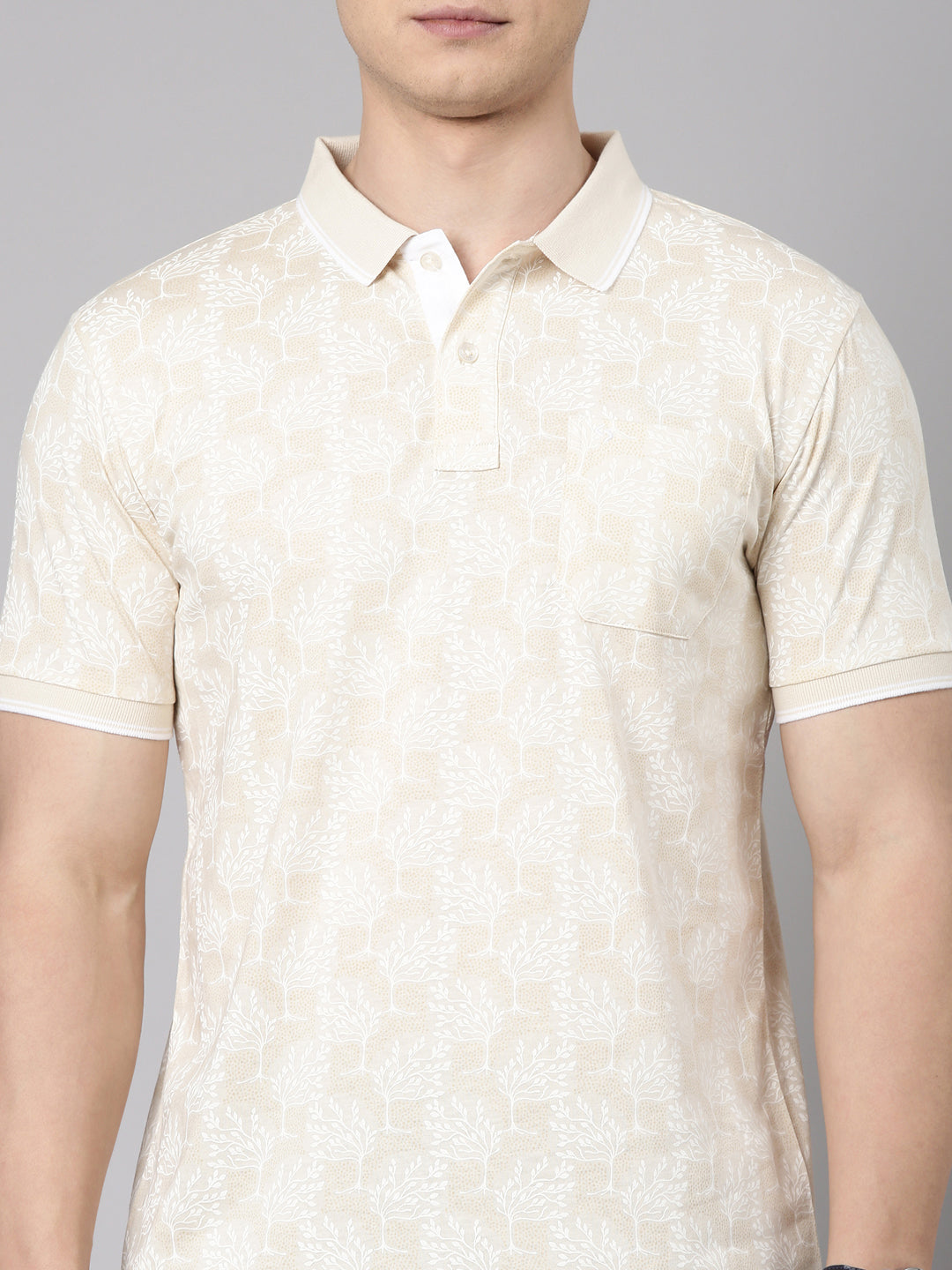 Classic Polo Men's Half Sleeve Beige/White Polo Neck Slim Fit All Over Print Cotton T-Shirt | LTS-AOP - 102 A SF P