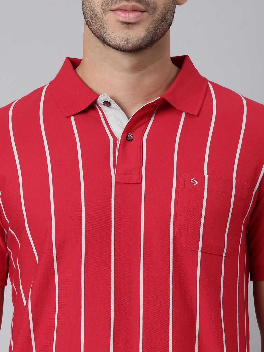 Classic Polo Men's Half Sleeve Red/White Polo Neck Slim Fit Striped Cotton Blend T-Shirt | VERTICS - 123 B SF P