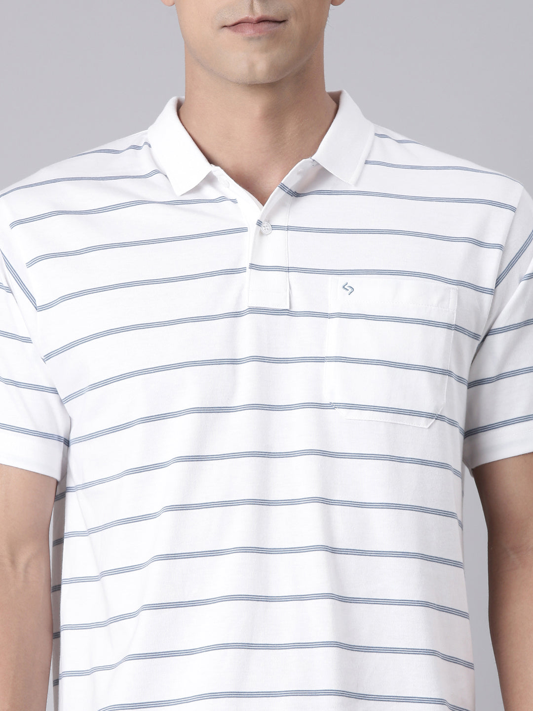Classic Polo Men's Half Sleeve White/Navy Polo Neck Authentic Fit Striped Cotton T-Shirt | LTS-STR - 83 A AF P