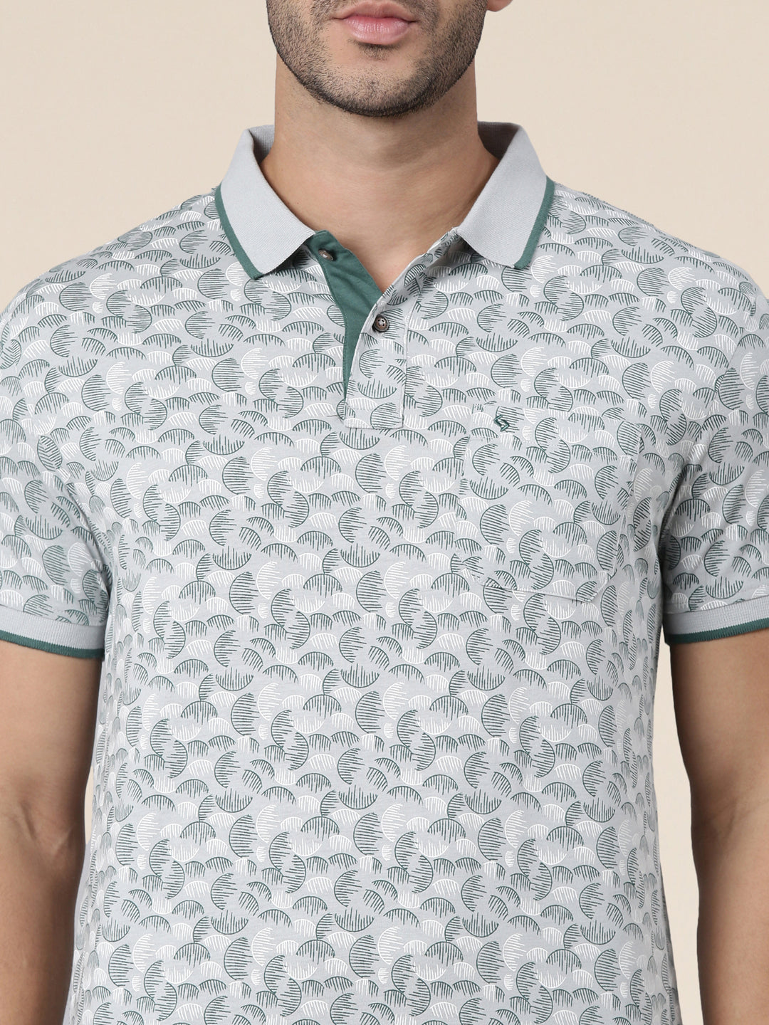 Classic Polo Men's Half Sleeve Light Grey/Teal Polo Neck Slim Fit All-Over Print Cotton T-Shirt | LTS-AOP - 122 B SF P